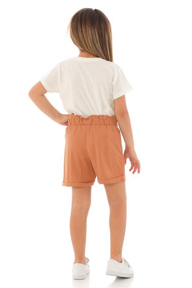 Kısa Kol Ön Cep Detaylı Ekru Kahve Renk Kız Çocuk Şortlu Takım