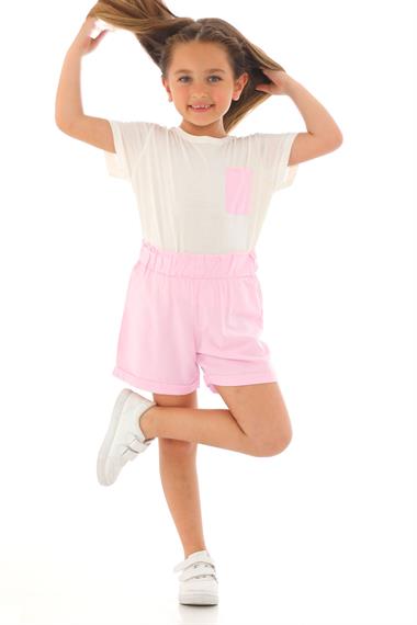 Kısa Kol Ön Cep Detaylı Ekru Pembe Renk Kız Çocuk Şortlu Takım