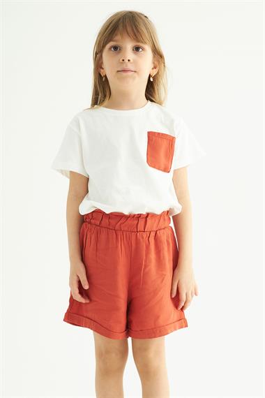 Kısa Kol Ön Cep Detaylı Ekru Taba Renk Kız Çocuk Şortlu Takım