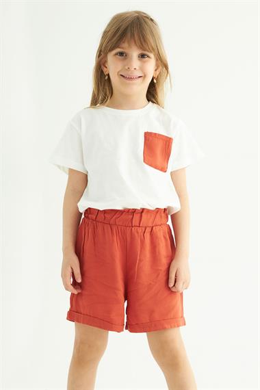 Kısa Kol Ön Cep Detaylı Ekru Taba Renk Kız Çocuk Şortlu Takım