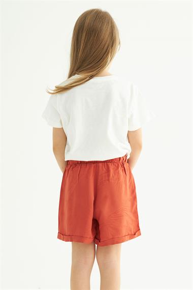 Kısa Kol Ön Cep Detaylı Ekru Taba Renk Kız Çocuk Şortlu Takım