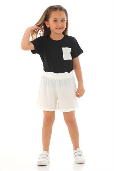 Kısa Kol Ön Cep Detaylı Siyah Beyaz Renk Kız Çocuk Şortlu Takım