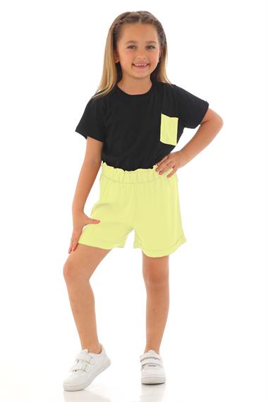 Kısa Kol Ön Cep Detaylı Siyah Sarı Renk Kız Çocuk Şortlu Takım