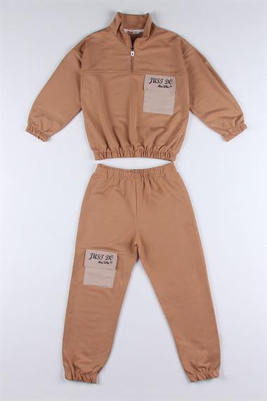 Hakim Yaka Uzun Kol Vizon Renk Kız Çocuk Eşofman Takım