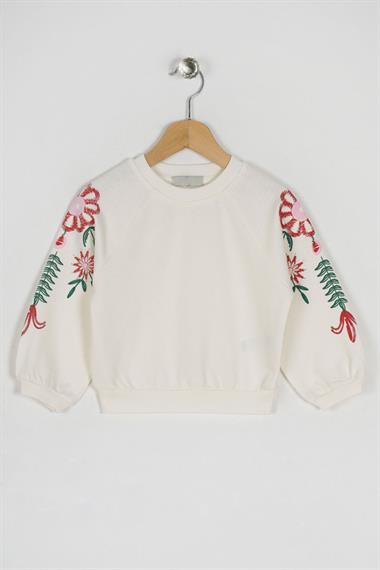 Bisiklet Yaka Uzun Kol Kolları Cıcek Baskılı Ekru Renk Kız Çocuk Sweatshirt