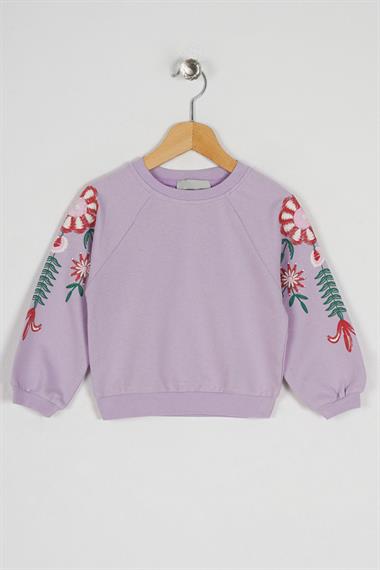 Bisiklet Yaka Uzun Kol Kolları Cıcek Baskılı Lila Renk Kız Çocuk Sweatshirt