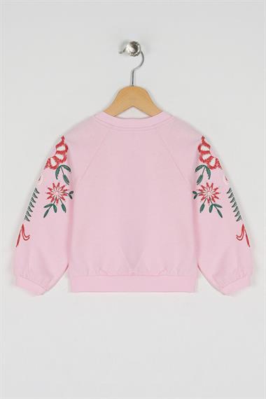 Bisiklet Yaka Uzun Kol Kolları Cıcek Baskılı Pudra Renk Kız Çocuk Sweatshirt