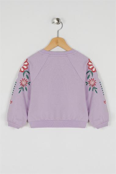 Bisiklet Yaka Uzun Kol Kolları Cıcek Baskılı Lila Renk Kız Çocuk Sweatshirt