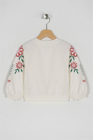 Bisiklet Yaka Uzun Kol Kolları Cıcek Baskılı Ekru Renk Kız Çocuk Sweatshirt
