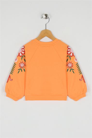 Bisiklet Yaka Uzun Kol Kolları Cıcek Baskılı Somon Renk Kız Çocuk Sweatshirt