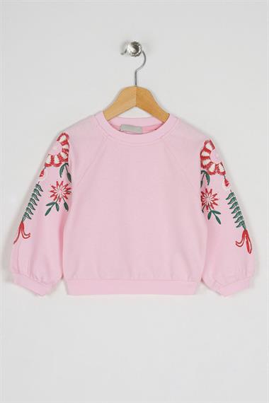 Bisiklet Yaka Uzun Kol Kolları Cıcek Baskılı Pudra Renk Kız Çocuk Sweatshirt