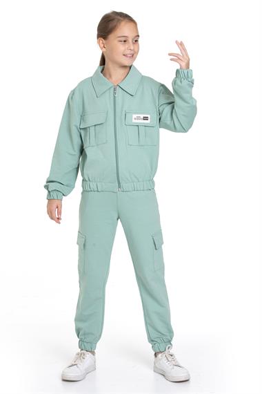 Polo Yaka Uzun Kol Kargo Cepli Paçası Lastikli Çağla Yeşil Renk Kız Çocuk Eşofman Takım