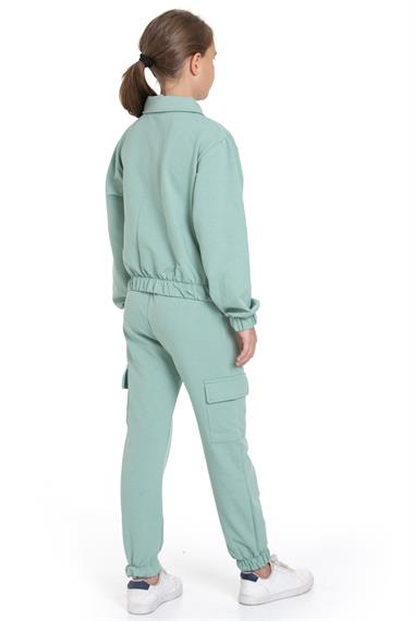 Polo Yaka Uzun Kol Kargo Cepli Paçası Lastikli Çağla Yeşil Renk Kız Çocuk Eşofman Takım