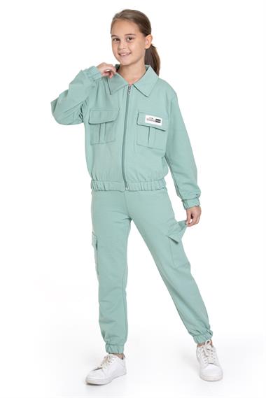 Polo Yaka Uzun Kol Kargo Cepli Paçası Lastikli Çağla Yeşil Renk Kız Çocuk Eşofman Takım