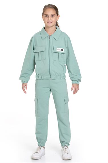 Polo Yaka Uzun Kol Kargo Cepli Paçası Lastikli Çağla Yeşil Renk Kız Çocuk Eşofman Takım