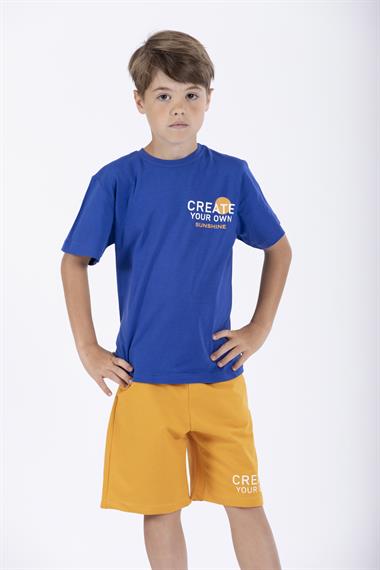 Yazı Baskılı Saks Renk Erkek Çocuk Kaprili Takım