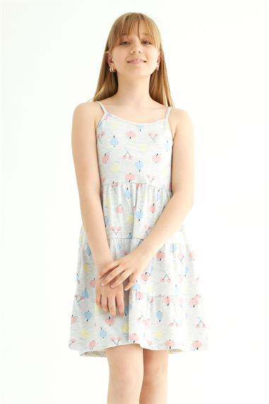 Yuvarlak Yaka Sıfır Kol Askılı Meyve Metraj - Grimelanj Renk Kız Çocuk Elbise