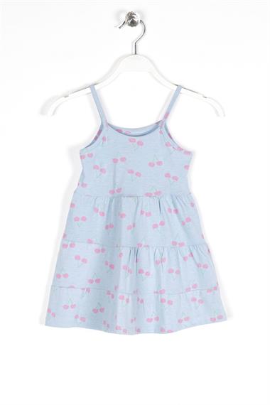 Yuvarlak Yaka Sıfır Kol Askılı Kiraz Desenli - Bebe Mavi Renk Kız Çocuk Elbise