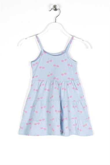 Yuvarlak Yaka Sıfır Kol Askılı Kiraz Desenli - Bebe Mavi Renk Kız Çocuk Elbise