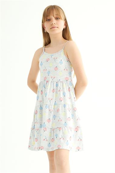 Yuvarlak Yaka Sıfır Kol Askılı Meyve Metraj - Grimelanj Renk Kız Çocuk Elbise