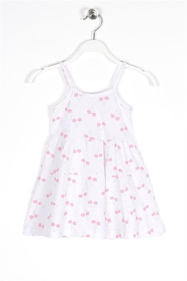 Yuvarlak Yaka Sıfır Kol Askılı Kiraz Desenli - Beyaz Renk Kız Çocuk Elbise