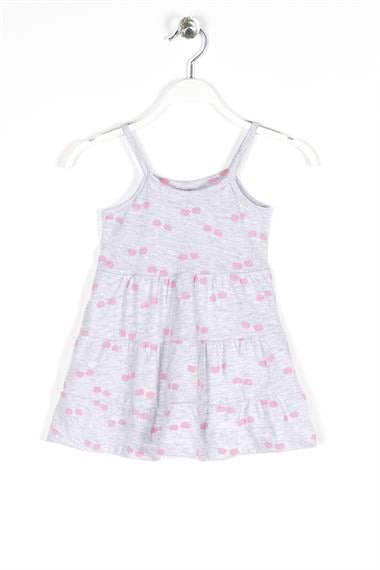 Yuvarlak Yaka Sıfır Kol Askılı Kiraz Desenli - Grimelanj Renk Kız Çocuk Elbise