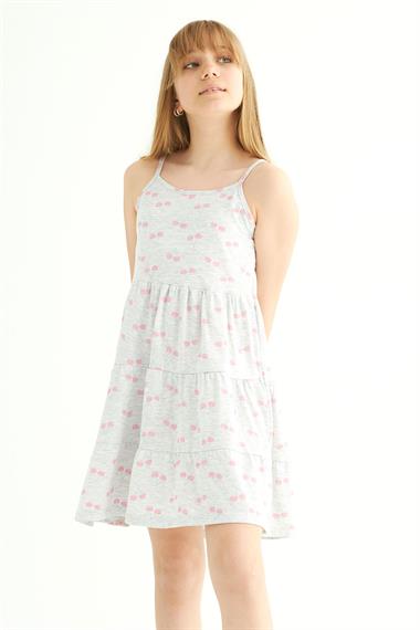 Yuvarlak Yaka Sıfır Kol Askılı Kiraz Desenli - Grimelanj Renk Kız Çocuk Elbise