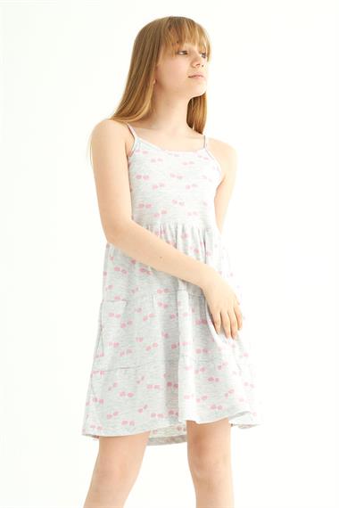 Yuvarlak Yaka Sıfır Kol Askılı Kiraz Desenli - Grimelanj Renk Kız Çocuk Elbise