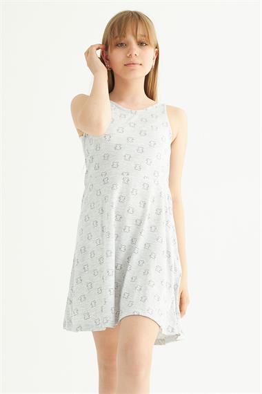 Yuvarlak Yaka Sıfır Kol Ayicik Metraj - Grimelanj Renk Kız Çocuk Elbıse