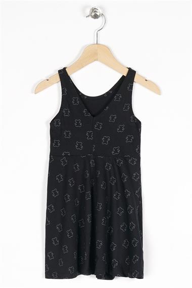 Yuvarlak Yaka Sıfır Kol Ayıcık Metraj - Siyah Renk Kız Çocuk Elbıse