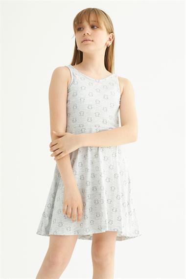 Yuvarlak Yaka Sıfır Kol Ayicik Metraj - Grimelanj Renk Kız Çocuk Elbıse