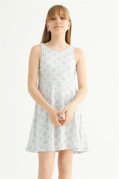 Yuvarlak Yaka Sıfır Kol Ayicik Metraj - Grimelanj Renk Kız Çocuk Elbıse