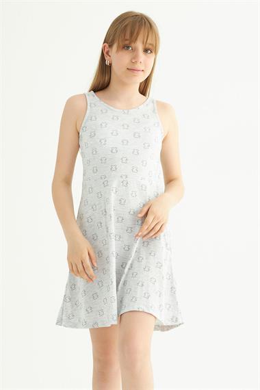 Yuvarlak Yaka Sıfır Kol Ayicik Metraj - Grimelanj Renk Kız Çocuk Elbıse