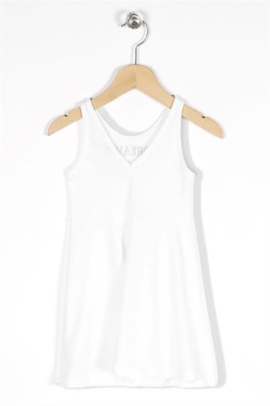 Yuvarlak Yaka Sıfır Kol Dream Baskılı - Beyaz Renk Kız Çocuk Elbise