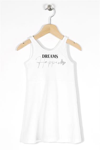 Yuvarlak Yaka Sıfır Kol Dream Baskılı - Beyaz Renk Kız Çocuk Elbise