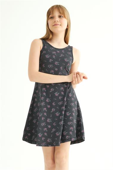 Yuvarlak Yaka Sıfır Kol Gül Metraj - Siyah Renk Kız Çocuk Elbıse