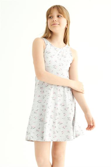 Yuvarlak Yaka Sıfır Kol Gül Metraj - Grimelanj Renk Kız Çocuk Elbıse