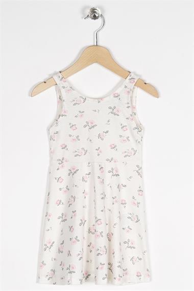 Yuvarlak Yaka Sıfır Kol Gül Metraj - Beyaz Renk Kız Çocuk Elbıse