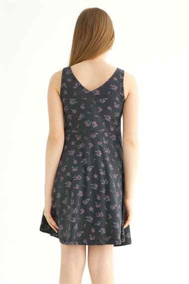 Yuvarlak Yaka Sıfır Kol Gül Metraj - Siyah Renk Kız Çocuk Elbıse