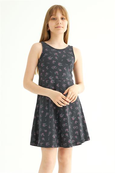 Yuvarlak Yaka Sıfır Kol Gül Metraj - Siyah Renk Kız Çocuk Elbıse