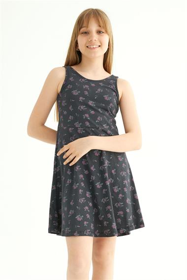 Yuvarlak Yaka Sıfır Kol Gül Metraj - Siyah Renk Kız Çocuk Elbıse
