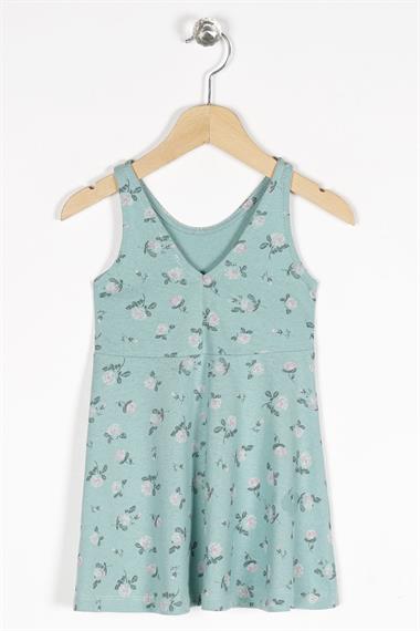 Yuvarlak Yaka Sıfır Kol Gül Metraj - Su Yeşili Renk Kız Çocuk Elbıse