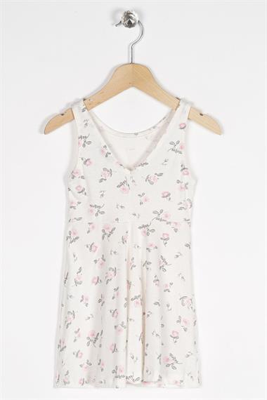 Yuvarlak Yaka Sıfır Kol Gül Metraj - Beyaz Renk Kız Çocuk Elbıse