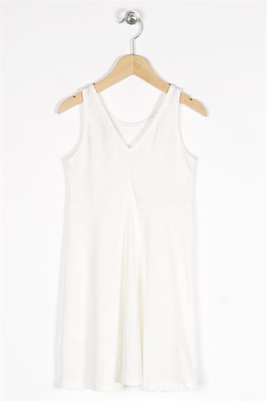 Yuvarlak Yaka Sıfır Kol Tedy Baskılı - Beyaz Renk Kız Çocuk Elbıse