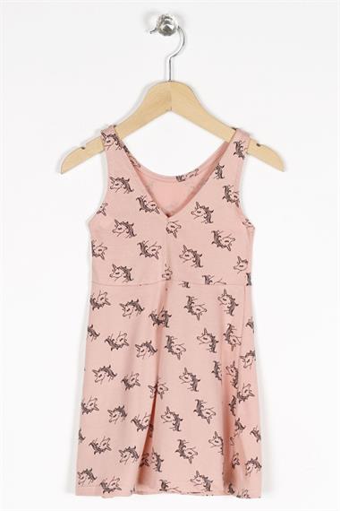 Yuvarlak Yaka Sıfır Kol Unicorn Metraj - Koyu Pudra Renk Kız Çocuk Elbıse