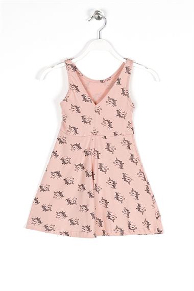 Yuvarlak Yaka Sıfır Kol Unicorn Metraj - Koyu Pudra Renk Kız Çocuk Elbıse