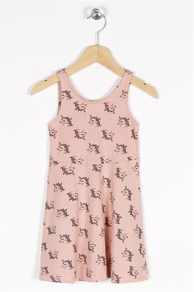 Yuvarlak Yaka Sıfır Kol Unicorn Metraj - Koyu Pudra Renk Kız Çocuk Elbıse