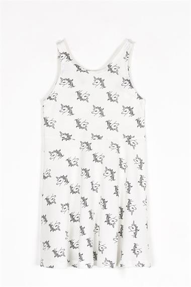 Yuvarlak Yaka Sıfır Kol Unicorn Metraj - Beyaz Renk Kız Çocuk Elbıse