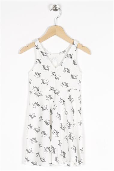 Yuvarlak Yaka Sıfır Kol Unicorn Metraj - Beyaz Renk Kız Çocuk Elbıse