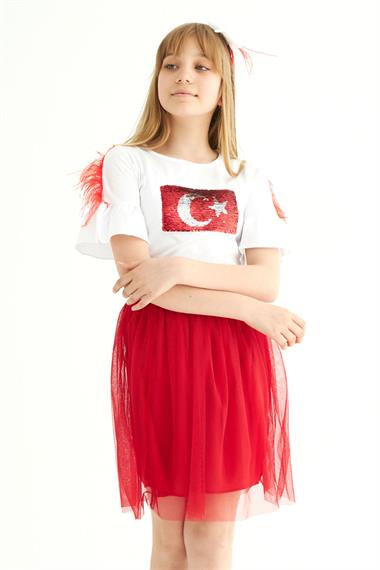Bisiklet Yaka Kısa Kol Türk Bayrağı Pullu Kırmızı Beyaz Renk Kız Çocuk Etekli Takım